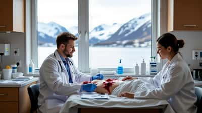 Lege undersøker rødlig hudinfeksjon på pasientens underarm i norsk kystliggende klinikk 2026