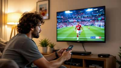 Técnico em eletrônicos ajustando cabo HDMI atrás de uma smart TV com jogo de futebol ao vivo na tela