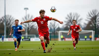 Amateurvoetballer kopt de bal tijdens een wedstrijd op een grasveld