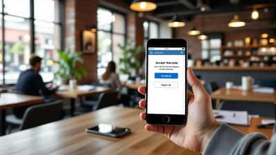 Hands holding a smartphone showing a news website cookie consent banner with Accept all and Reject all buttons