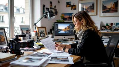 Réalisatrice examinant des documents juridiques et des photographies dans un bureau éditorial parisien