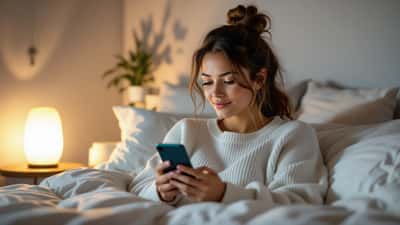 Mulher brasileira com smartphone exibindo feed de notícias na cama à noite, expressão de preocupação, iluminada apenas pela luz azul da tela