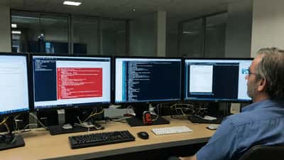 Informaticien scrutant un écran affichant une alerte ransomware dans un bureau à Zurich