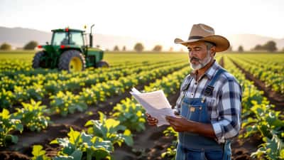 Trabajador agrícola latino revisando documentos en un campo de cultivo en California