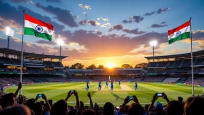 Cricket stadium scene with England and India flags at sunset during the 2026 rivalry