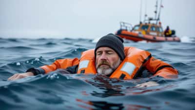 Erschöpfter Mann in Rettungsweste treibt in der Nordsee, Rettungsboot nähert sich