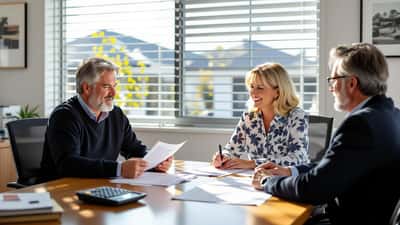 Older Australian couple reviewing superannuation and Age Pension paperwork with a financial adviser in 2026