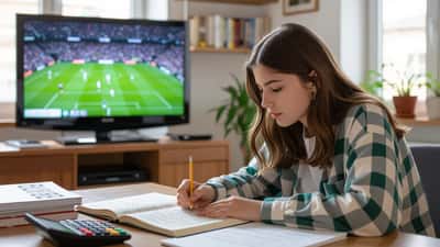 Studente adolescente risolve equazioni di probabilità alla scrivania con una partita di calcio in TV sullo sfondo