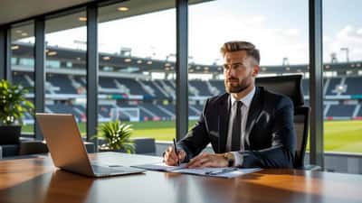 Fotballspiller signerer kontrakt med agent og rådgiver ved konferansebord