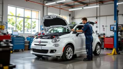 Mecânico inspecionando motor de um Fiat em oficina moderna no Brasil, 2026