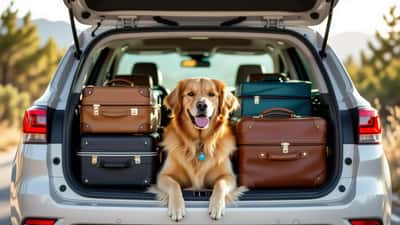 Un chien attend dans le coffre ouvert d'une voiture chargée de valises avant un départ en vacances vers l'Espagne