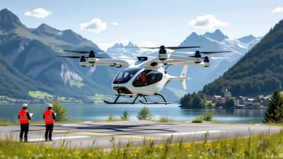 Taxi volant électrique autonome sans pilote en vol au-dessus d'une vallée alpine au Tessin, en Suisse