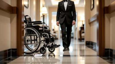 Wheelchair user facing raised bathroom threshold at a UK hotel corridor, illustrating disability access barriers under the Equality Act
