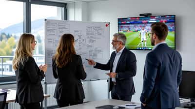 Professionnels suisses discutant de stratégie d'entreprise avec un match de football à la télévision