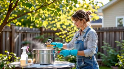 Canadian woman cleaning a backyard bird feeder with gloves during H5N1 avian flu season 2026