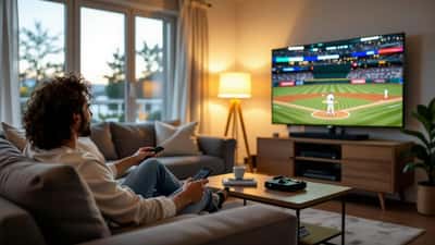 Man adjusting an indoor HDTV antenna by a window with a baseball game on the TV