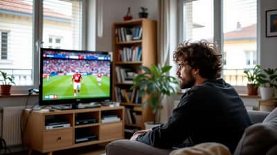 Homme frustré devant sa télévision pixelisée pendant un match de La Liga, box internet et câbles visibles dans un appartement français