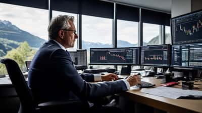 Conseiller financier suisse analysant la chute des prix du pétrole sur des écrans boursiers à Zurich