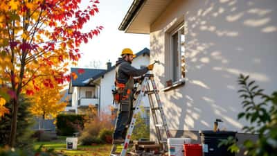 Handwerker inspiziert Fassade im goldenen Oktober mit Leiter und Arbeitsgeräten