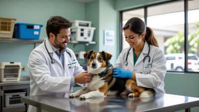 Veterinária examinando cão vira-lata em clínica de São Paulo no Dia do Vira-Lata 2026
