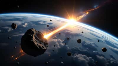 Asteroide 2026 PC6 em trajetória próxima à Terra com campo de estrelas ao fundo