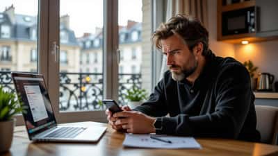 Professionnel français vérifiant un SMS bancaire suspect sur son smartphone, Paris 2026