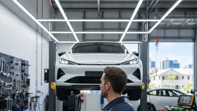 Australian mechanic inspecting a Zeekr electric vehicle in a Brisbane EV workshop