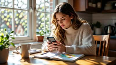 Woman at kitchen table looking at Wordle grid on smartphone with vocabulary notes and coffee beside her