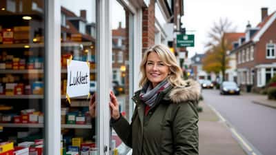 Kvinde foran lukket lokal dagligvarebutik i Danmark