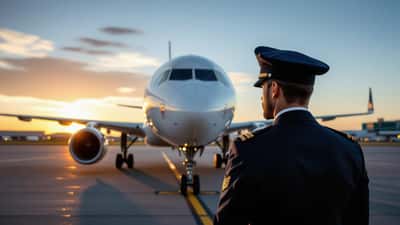 Piloto de uniforme ao lado de avião comercial argentino em pista de aeroporto ao entardecer