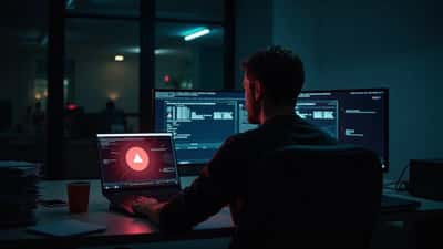 IT-medarbeider sitter spent foran en skjerm med sikkerhetsadvarsel i et kontor i Oslo