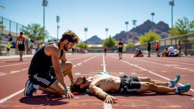 Socorristas atendiendo a un atleta colapsado en una pista exterior bajo el sol de Arizona