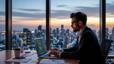 Consultor de TI analisa interface do GPT-6 Astra em escritório corporativo de São Paulo