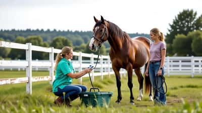 Vétérinaire examinant un cheval pour détecter une infection au virus West Nile en France en 2026