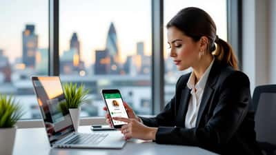 Professional woman in London office looking concerned at smartphone showing WhatsApp AI photo editing interface