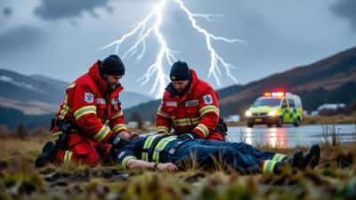 To nødhjelpere gir hjerte-lungeredning til en person i regnet mens lynet slår ned over en ås i Innlandet