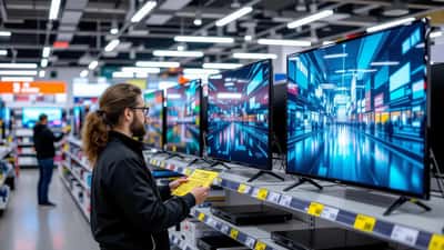 Kunde vergleicht das EU-Energielabel zweier Smart-TVs im Elektronikmarkt, Verkaufsberater zeigt auf die Bildschirmdaten