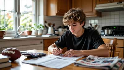 British schoolboy using a calculator to work out football transfer maths at a kitchen table