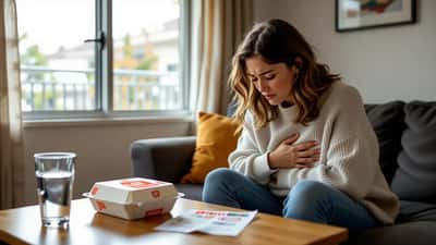 Unwell Australian clutching stomach beside a takeaway container and restaurant receipt after suspected food poisoning