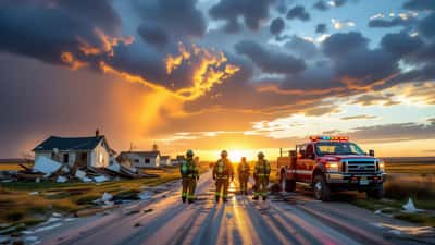 Emergency response team inspecting tornado damage in a Saskatchewan rural community in 2026