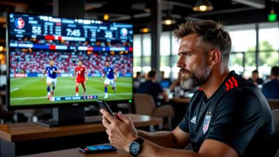 Man checking sportsbook odds on phone in New York sports bar with Turkey vs France Nations League match on TV