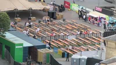 UK football fans watching England vs Ghana World Cup 2026 match at Newcastle fanzone in the evening