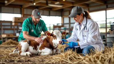 Veterinario examinando herida de ternero en clínica rural de Texas