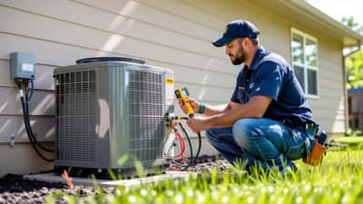 Técnico de HVAC revisando unidad de aire acondicionado en exterior durante ola de calor en EE.UU. 2026