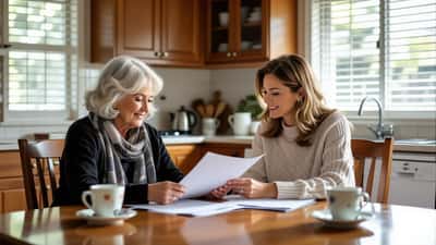 An elderly Australian woman and her adult daughter review Support at Home documents at their Brisbane kitchen table