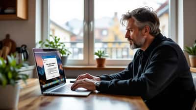Besorgter Mann am Laptop öffnet eine gefälschte ZDF-Rundfunkbeitrag-E-Mail mit Phishing-Warnung