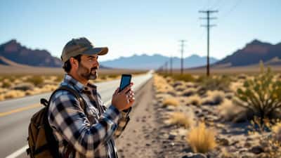 Hombre latino levanta su teléfono móvil buscando señal satelital en una carretera rural sin cobertura en Estados Unidos