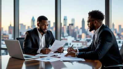 Young athlete reviews NFL contract with financial adviser in modern Philadelphia office