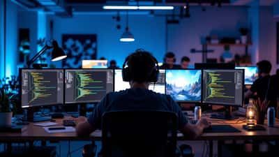 Uitgeputte softwareontwikkelaar 's nachts achter meerdere monitoren in gamestudio