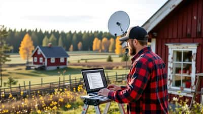 Man monterar Starlink-satellitantenn på rött lantbruk i Sverige med laptop som visar nätverkskonfiguration